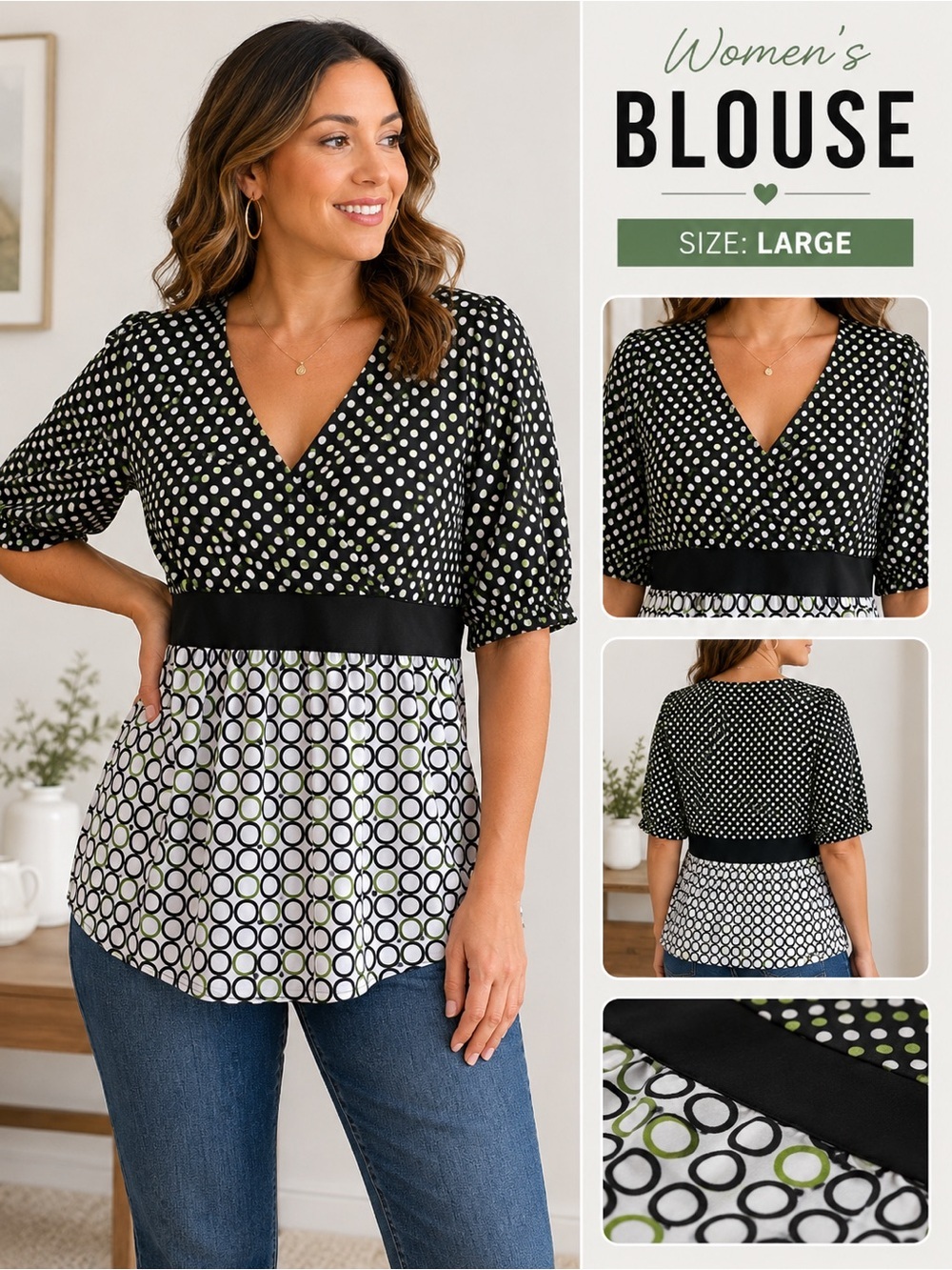 MKM Designs Black & White Polka Dot V-Neck Blouse with Green Ring Pattern LARGE